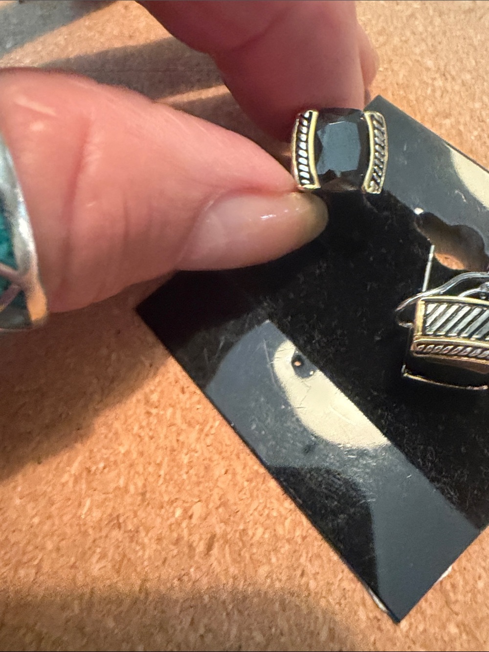 Black Stone and Silver-Tone earrings w safety catch